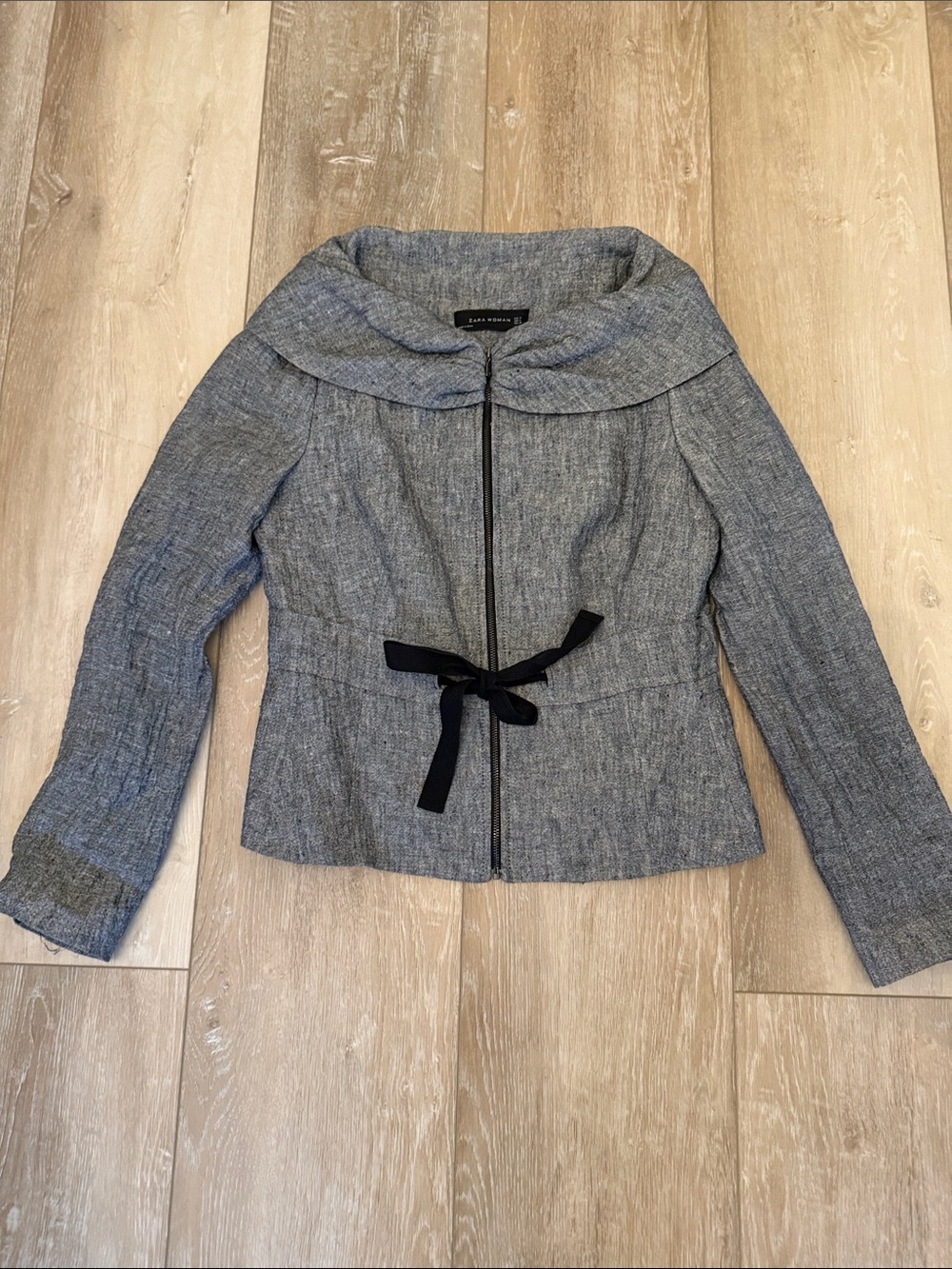 Ann Taylor Heather Gray Textured Zip Blazer with Waist Tie